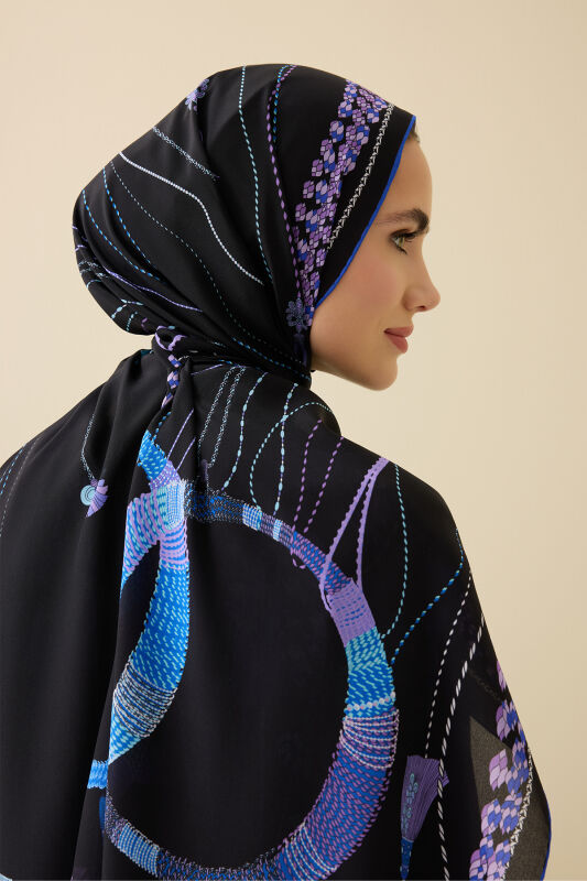 Tassel Noor Black-Fuchsia Crepe Silk Abaya Shawl - 5