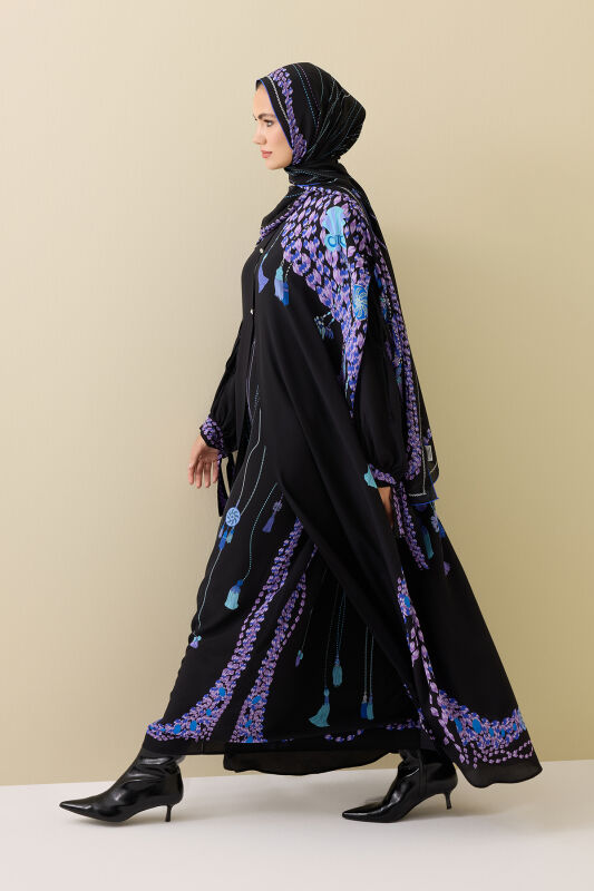 Tassel Noor Black-Fuchsia Silk Abaya - 7