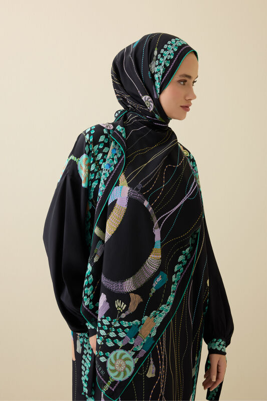 Tassel Noor Black-Green Crepe Silk Abaya Shawl - 1