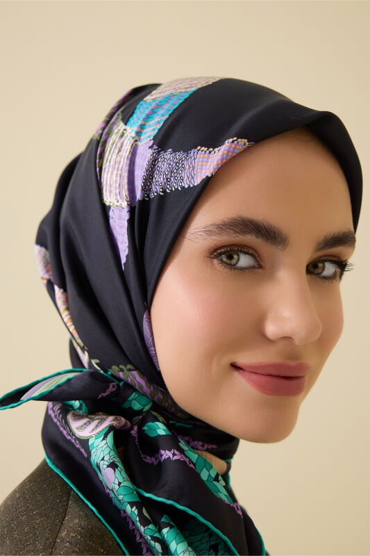 Tassel Noor Black-Green Crepe Silk Scarf - 5