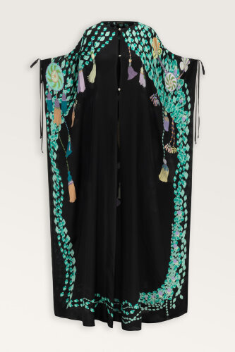 Tassel Noor Black-Green Silk Abaya - 2
