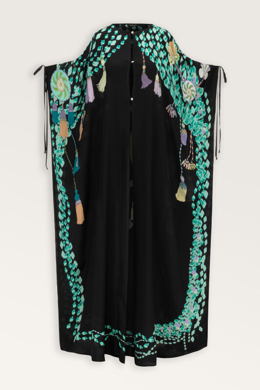 Tassel Noor Black-Green Silk Abaya - 2