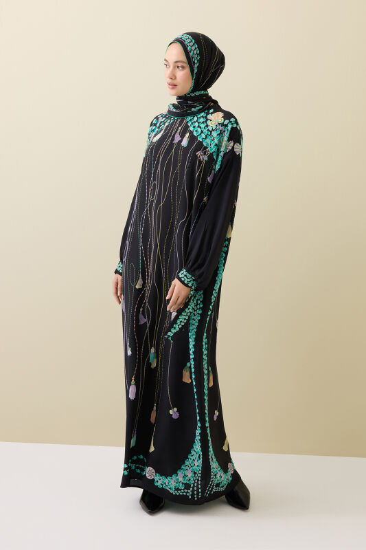 Tassel Noor Black-Green Silk Dress - 1