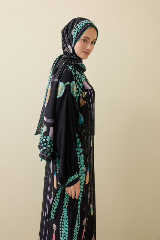 Tassel Noor Black-Green Silk Dress - 6