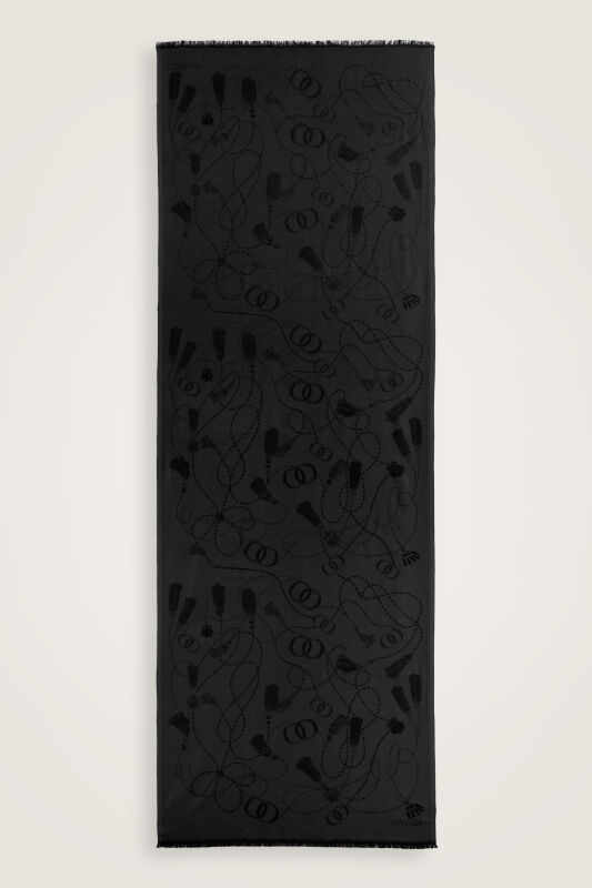 Tassel Noor Black Jacquard Silk Shawl - 2