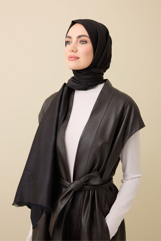 Tassel Noor Black Jacquard Silk Shawl - 1