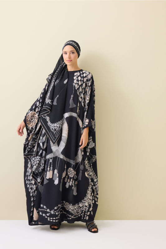 Tassel Noor Black Silk Kaftan - 1