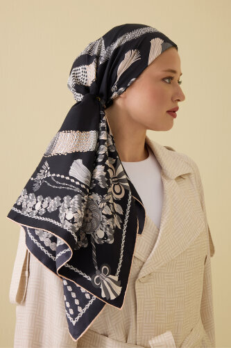 Tassel Noor Black-White Crepe Silk Scarf - 1