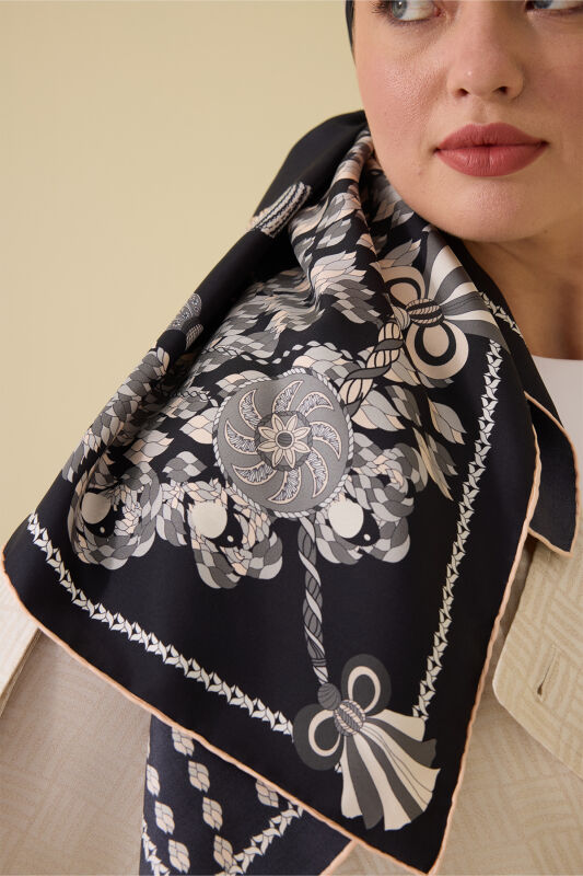 Tassel Noor Black-White Crepe Silk Scarf - 5