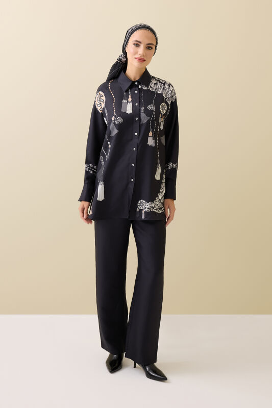 Tassel Noor Black-White Silk Shirt Pajamas - 3