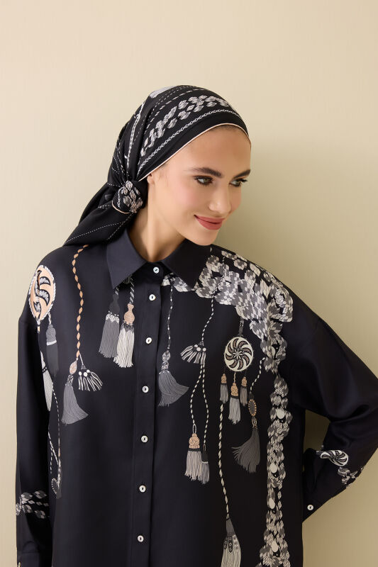 Tassel Noor Black-White Silk Shirt Pajamas - 6