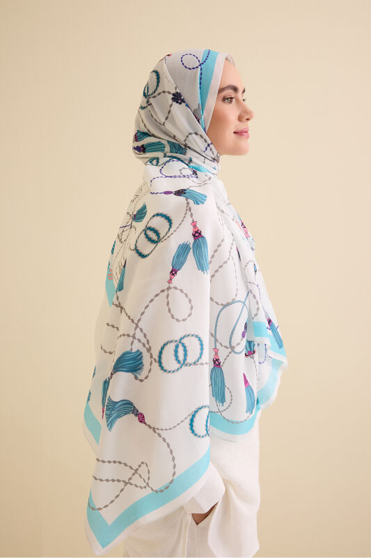 Tassel Noor Blue Floss Cotton Shawl - 4