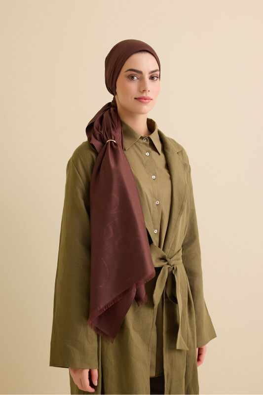 Tassel Noor Brown Jacquard Silk Shawl - 1