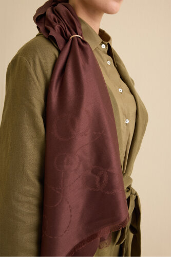 Tassel Noor Brown Jacquard Silk Shawl - 3