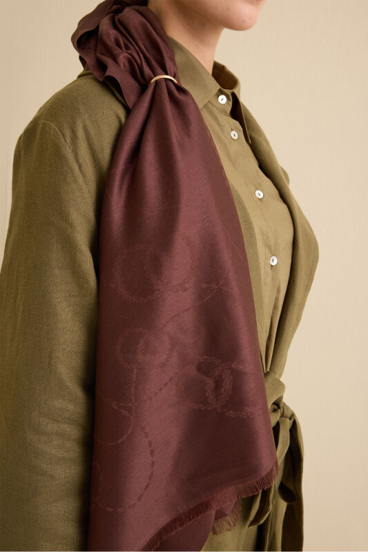 Tassel Noor Brown Jacquard Silk Shawl - 3