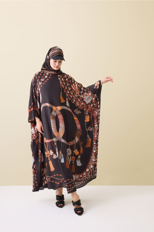 Tassel Noor Brown Silk Kaftan - 1