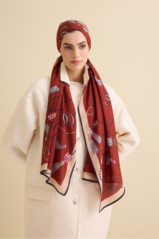 Tassel Noor Burgundy Floss Cotton Shawl - 3