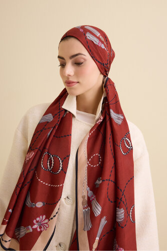Tassel Noor Burgundy Floss Cotton Shawl - 1