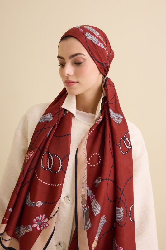 Tassel Noor Burgundy Floss Cotton Shawl - 1