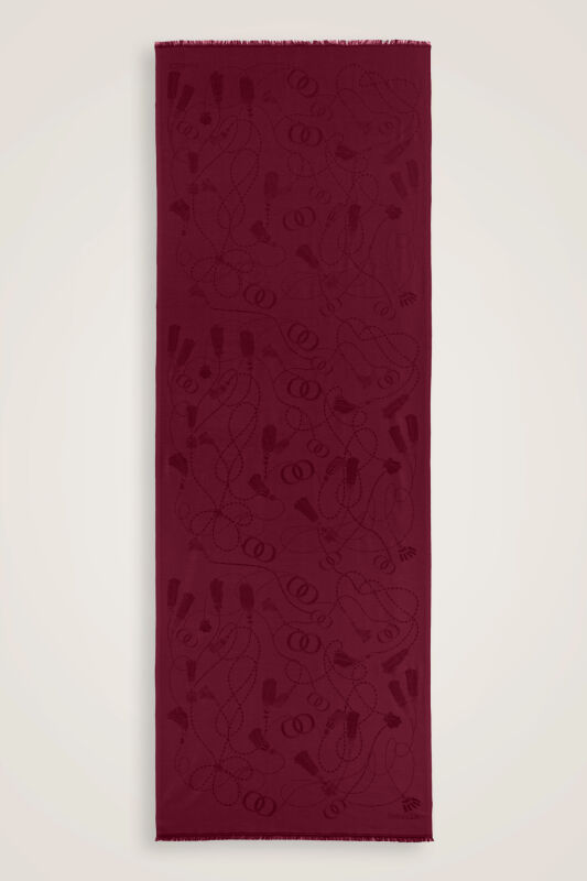 Tassel Noor Cherry Maroon Jacquard Silk Shawl - 2