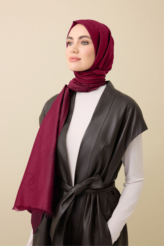 Tassel Noor Cherry Maroon Jacquard Silk Shawl - 1