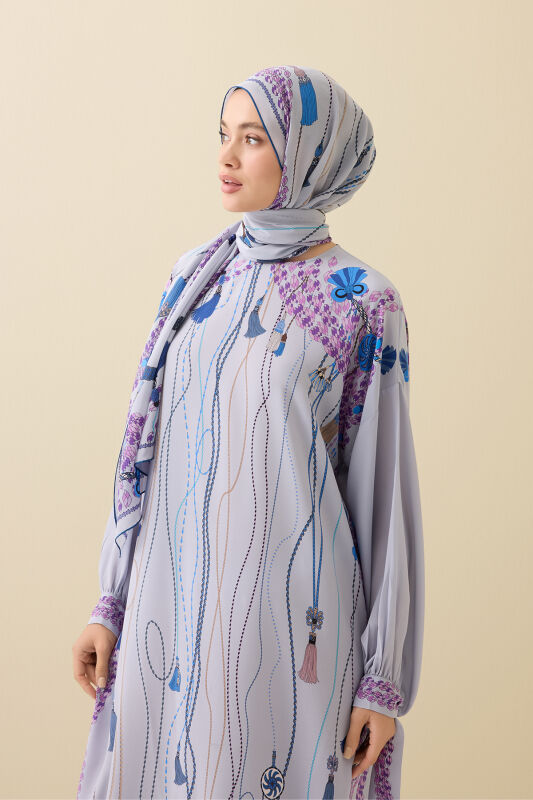 Tassel Noor Gray Crepe Silk Abaya Shawl - 5