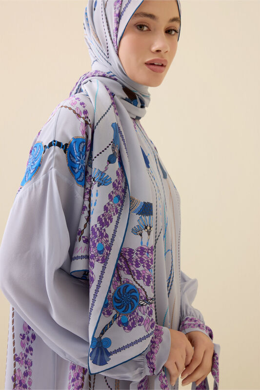 Tassel Noor Gray Crepe Silk Abaya Shawl - 4