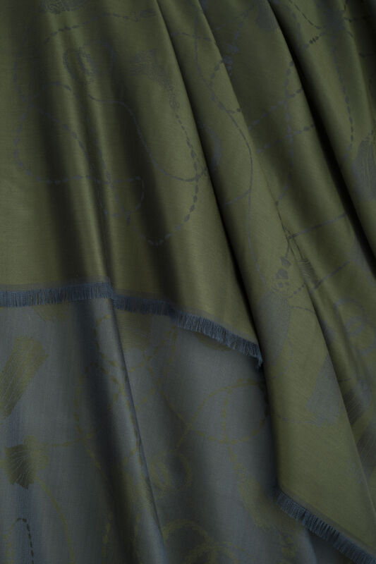 Tassel Noor Khaki Jacquard Silk Shawl - 2