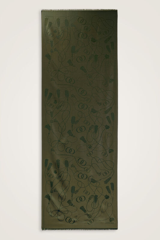 Tassel Noor Khaki Jacquard Silk Shawl - 1