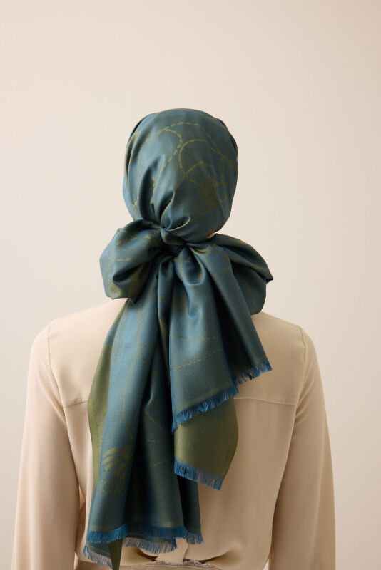 Tassel Noor Khaki Jacquard Silk Shawl - 3