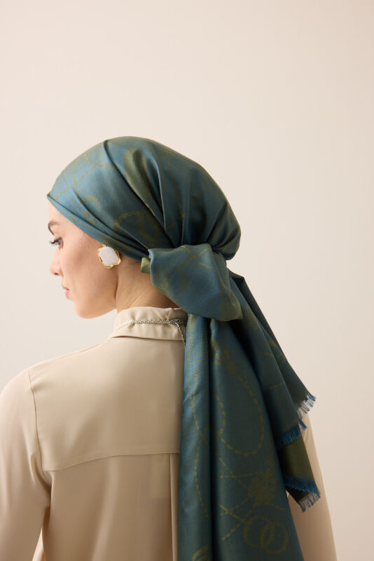 Tassel Noor Khaki Jacquard Silk Shawl - 1