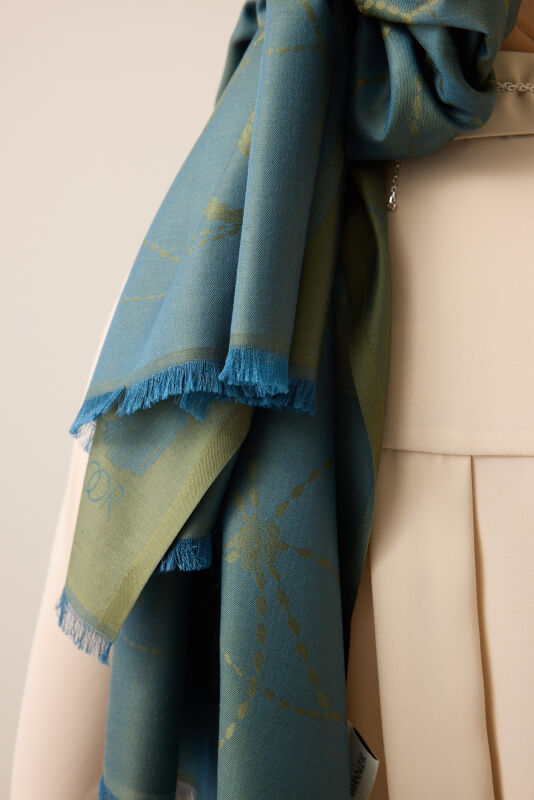 Tassel Noor Khaki Jacquard Silk Shawl - 5