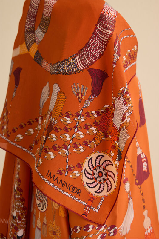 Tassel Noor Orange Crepe Silk Pajama Shawl - 5