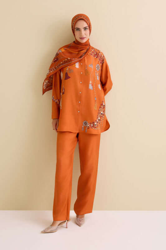 Tassel Noor Orange Silk Shirt Pajamas - 3