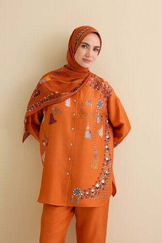 Tassel Noor Orange Silk Shirt Pajamas 