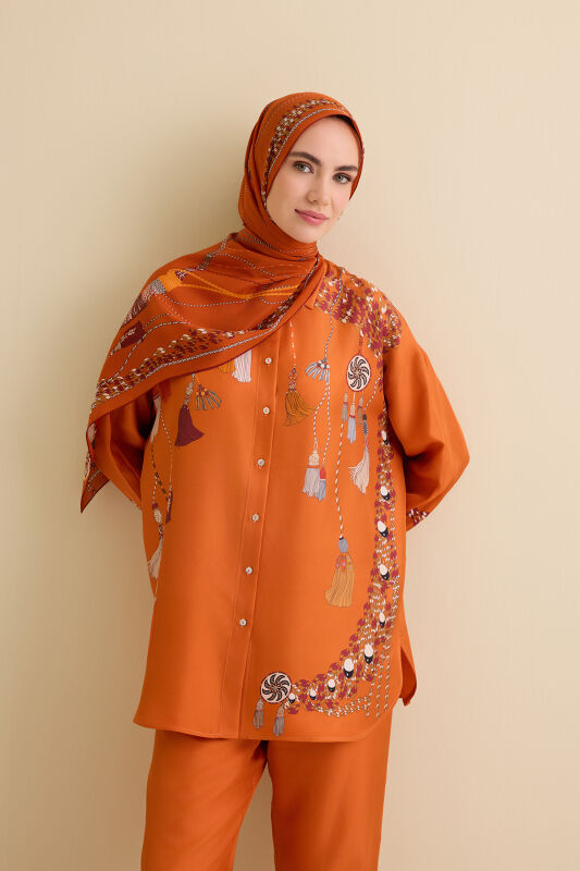 Tassel Noor Orange Silk Shirt Pajamas - 1