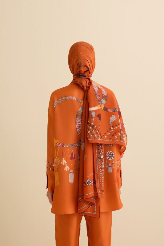 Tassel Noor Orange Silk Shirt Pajamas - 6