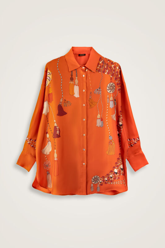 Tassel Noor Orange Silk Shirt Pajamas - 2