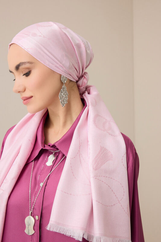 Tassel Noor Powder Pink Jacquard Silk Scarf - 1