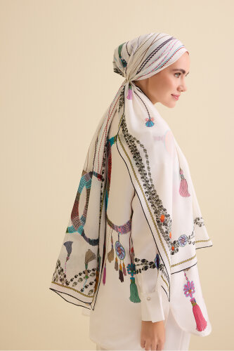 Tassel Noor White Crepe Silk Pajama Shawl - 1