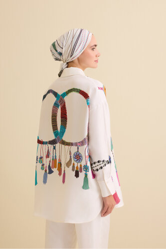 Tassel Noor White Silk Shirt Pajamas - 3