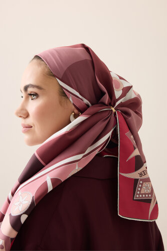 Tek Lale Bordo-Gül Kurusu Tivil İpek Eşarp 90x90 - Imannoor (1)