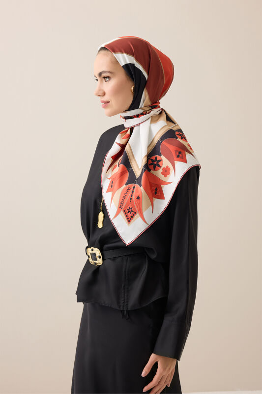 Tek Lale Kırmızı-Bej Tivil İpek Eşarp 90x90 - 5