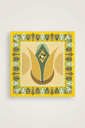 Tek Lale Sarı-Bej Tivil İpek Eşarp 90x90 - Imannoor (1)