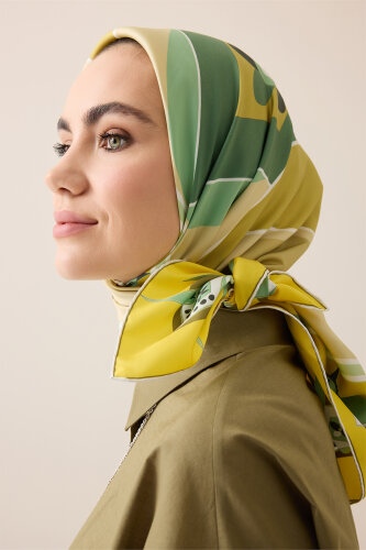 Tek Lale Sarı-Bej Tivil İpek Eşarp 90x90 - Imannoor (3)