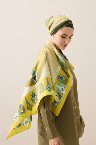 Tek Lale Sarı-Bej Tivil İpek Eşarp 90x90 - Imannoor