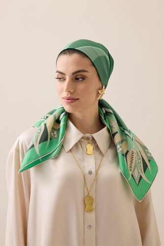 Tek Lale Yeşil Tivil İpek Eşarp 90x90 - Imannoor (3)