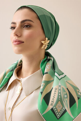 Tek Lale Yeşil Tivil İpek Eşarp 90x90 - Imannoor (1)