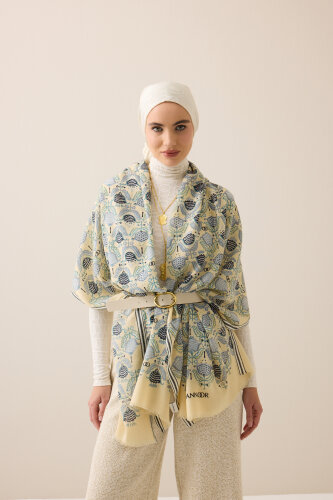 Ters Lale Krem-Gri Yün Şal 70x200 - Imannoor