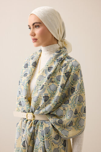 Ters Lale Krem-Gri Yün Şal 70x200 - 5